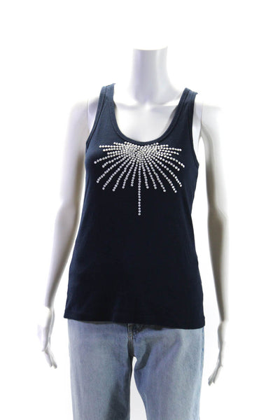 Tory By TRB Womens Scoop Neck Metallic Burst Tank Top Navy Blue Cotton Large