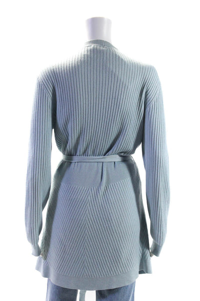 Carolina Herrera Womens Belted Ribbed Knit Cashmere Cardigan Sweater Blue Large