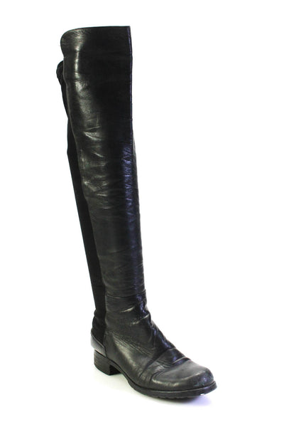 Stuart Weitzman Women's Round Toe Pull-On Knee High Leather Boot Black Size 5.5