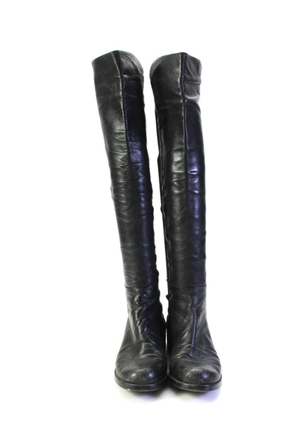 Stuart Weitzman Women's Round Toe Pull-On Knee High Leather Boot Black Size 5.5