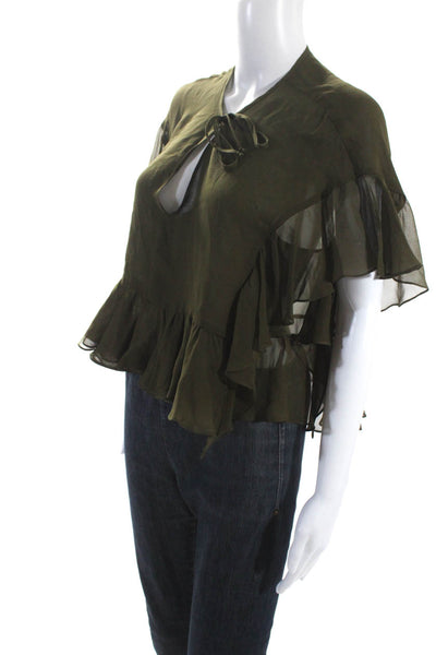 Rachel Comey Womens Dark Green Silk Ruffle Cap Sleeve Crop Blouse Top Size 4
