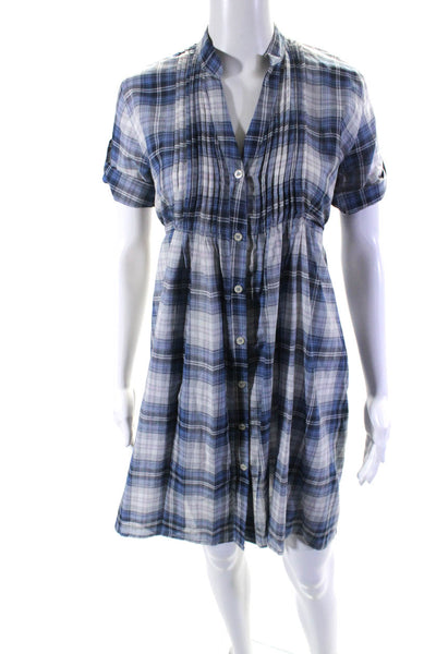 Chloe Womens Button Front Belted Short Sleeve Plaid Shirt Dress White Blue IT 38