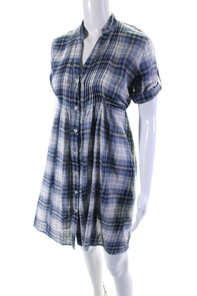 Chloe Womens Button Front Belted Short Sleeve Plaid Shirt Dress White Blue IT 38