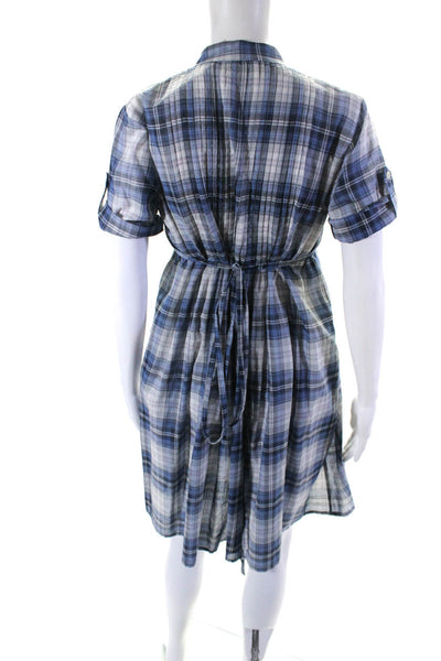 Chloe Womens Button Front Belted Short Sleeve Plaid Shirt Dress White Blue IT 38