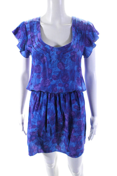 Thakoon Womens Short Sleeve Scoop Neck Floral Silk Dress Blue Purple Size 2