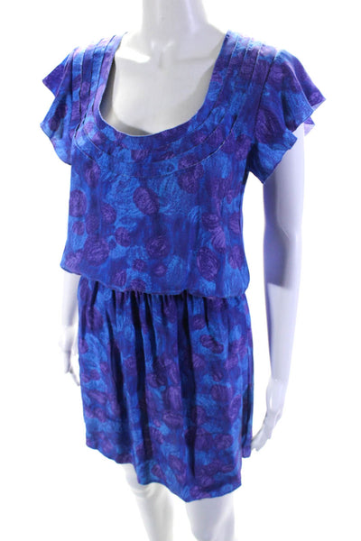 Thakoon Womens Short Sleeve Scoop Neck Floral Silk Dress Blue Purple Size 2