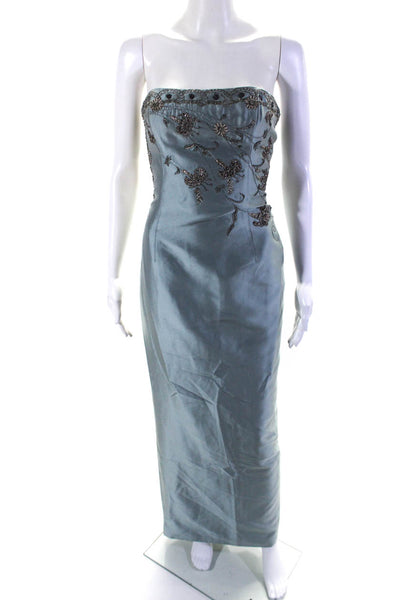 Pamela Dennis Womens Strapless Sweetheart Beaded Satin Gown Blue Size 6