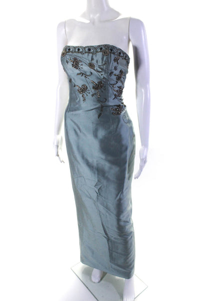 Pamela Dennis Womens Strapless Sweetheart Beaded Satin Gown Blue Size 6