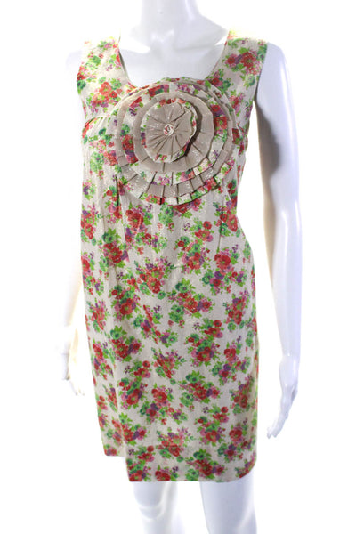 Scarlet Roos Womens Sleeveless Floral Print Metallic Dress Beige Linen Size 1