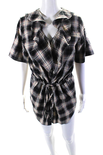 Love Richard Chai Womens Button Front Ruffled V Neck Plaid Dress Black Brown 0