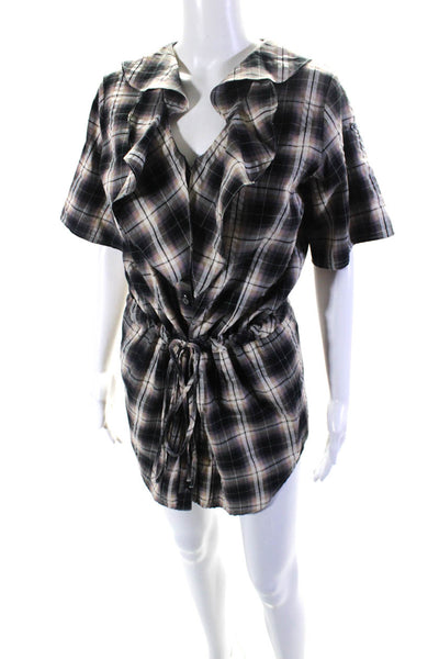 Love Richard Chai Womens Button Front Ruffled V Neck Plaid Dress Black Brown 0