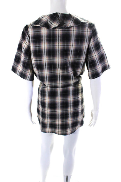 Love Richard Chai Womens Button Front Ruffled V Neck Plaid Dress Black Brown 0