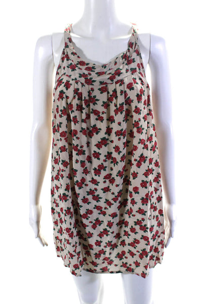 Attic and Barn Womens Scoop Neck Rose Printed Silk Mini Dress White Red Small