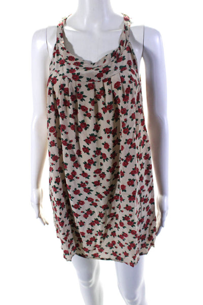 Attic and Barn Womens Scoop Neck Rose Printed Silk Mini Dress White Red Small