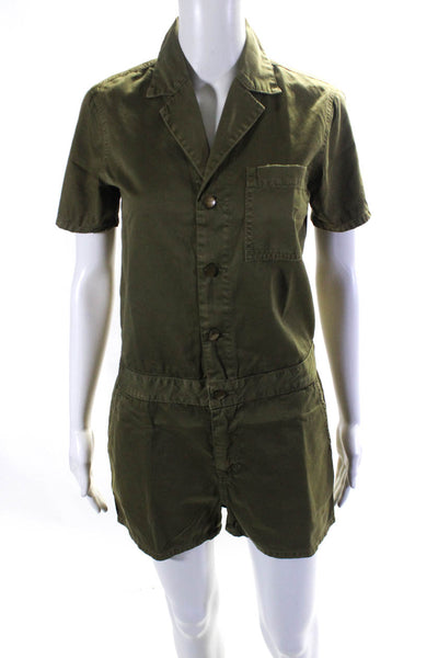 Current/Elliott Womens Button Front Short Sleeve V Neck Romper Green Size 0