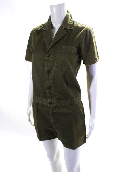 Current/Elliott Womens Button Front Short Sleeve V Neck Romper Green Size 0