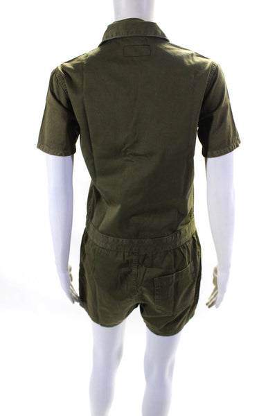 Current/Elliott Womens Button Front Short Sleeve V Neck Romper Green Size 0