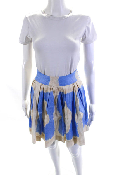 Lauren Pierce Womens Back Zip Abstract Linen A Line Skirt White Blue Size 2