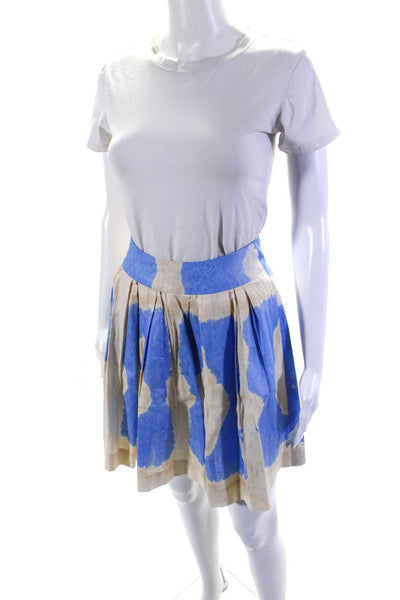 Lauren Pierce Womens Back Zip Abstract Linen A Line Skirt White Blue Size 2