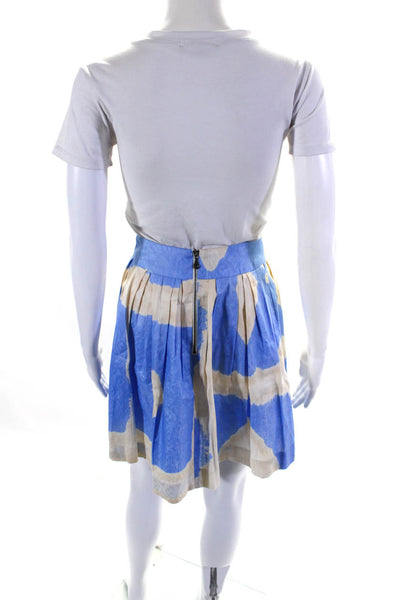 Lauren Pierce Womens Back Zip Abstract Linen A Line Skirt White Blue Size 2