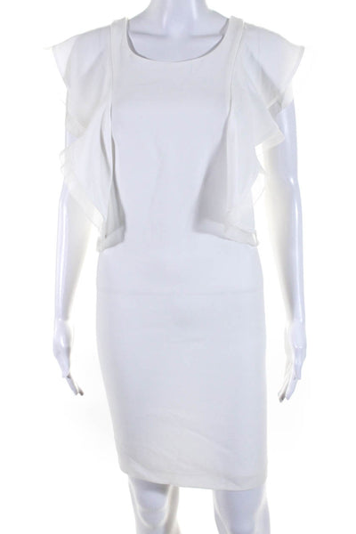 Club Monaco Womens Sleeveless Ruffle Crew Neck Crepe Sheath Dress White Size 4