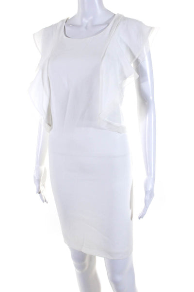 Club Monaco Womens Sleeveless Ruffle Crew Neck Crepe Sheath Dress White Size 4