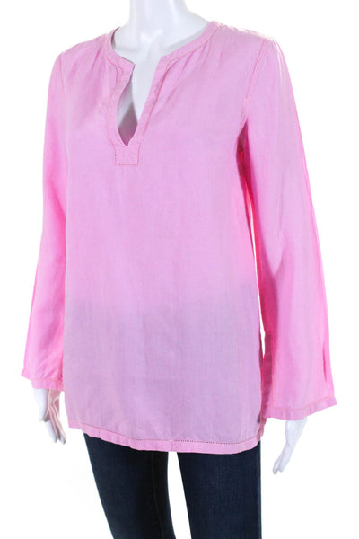 Loro Piana Womens Long Sleeve Woven Y Neck Top Blouse Pink Linen Size IT 42