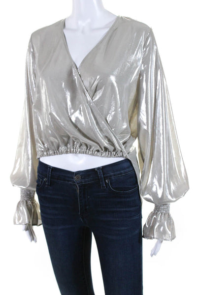 Pinko Womens Long Sleeve Metallic Surplice High Low Top Blouse Silver Size 2