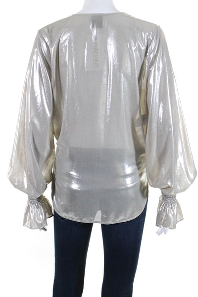 Pinko Womens Long Sleeve Metallic Surplice High Low Top Blouse Silver Size 2