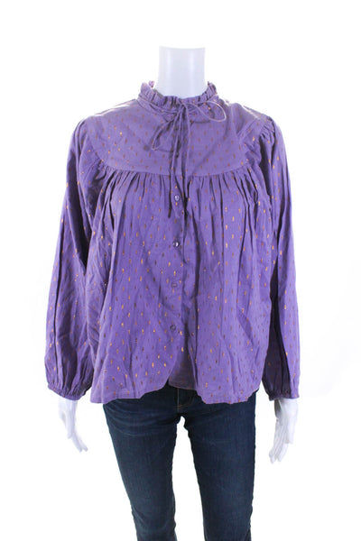 India Collection Womens Round Neck Long Sleeves Button Down Blouse Purple Size S
