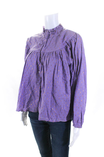 India Collection Womens Round Neck Long Sleeves Button Down Blouse Purple Size S