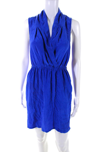 Charlie Jade Womens Solid Blue Silk V-Neck Sleeveless Shift Dress Size XS