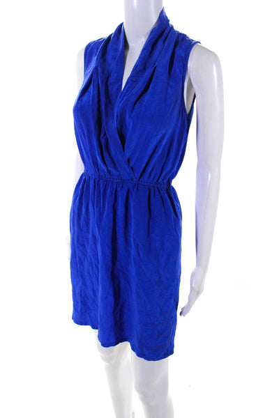 Charlie Jade Womens Solid Blue Silk V-Neck Sleeveless Shift Dress Size XS