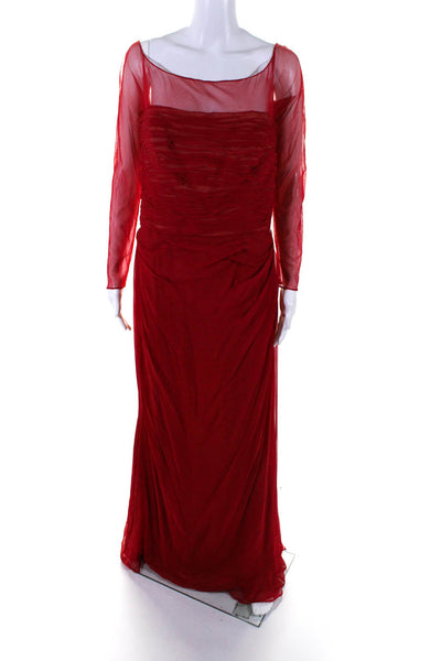 Kevan Hall Womens Red Silk Mesh Off Shoulder Long Sleeve Gown Dress Size 10