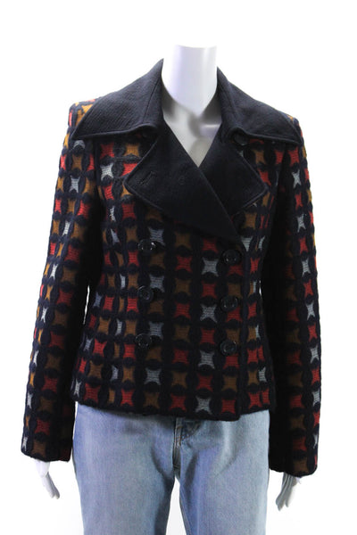 Christian Ruperto Womens Wool Checkered Double Breasted Jacket Navy Size 8