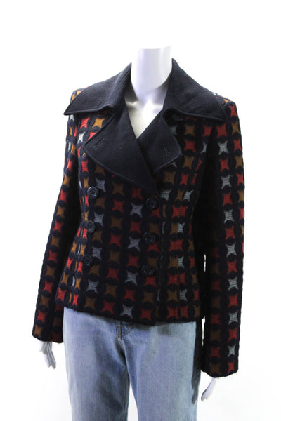 Christian Ruperto Womens Wool Checkered Double Breasted Jacket Navy Size 8