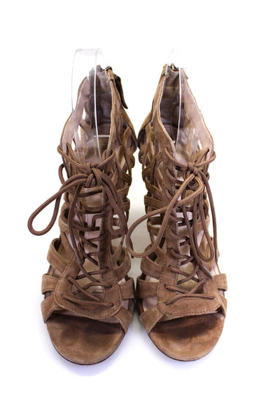 Pour la Victoire Women's Open Toe Lace Up Strappy Suede Sandals Brown Size 7