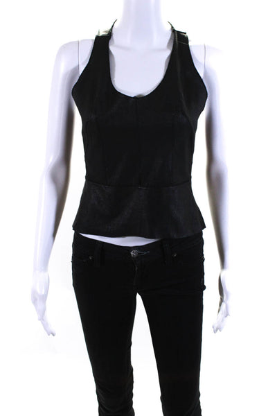 Illia Womens Black Leather Zip Back Scoop Neck Sleeveless Blouse Top Size 4