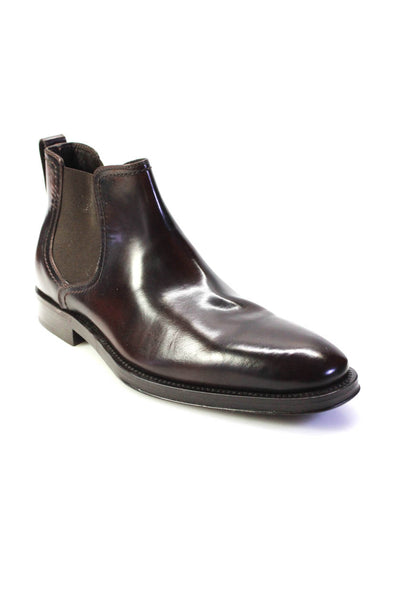 Salvatore Ferragamo Mens Patent Leather Stretch Inset Ankle Boots Brown Size 9 B