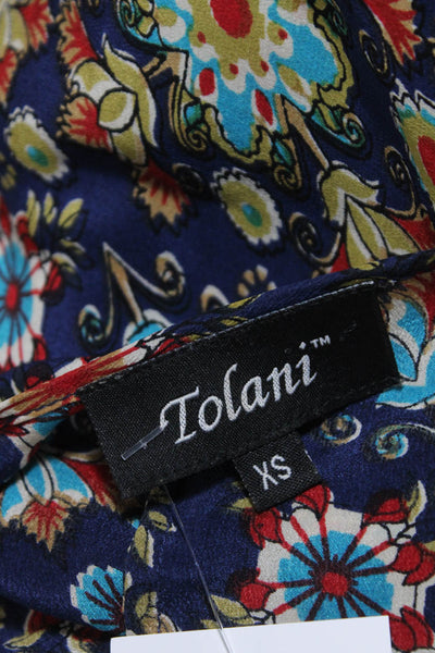 Tolani Womens Navy Blue Silk Floral Print V-Neck Long Sleeve Blouse Top Size XS