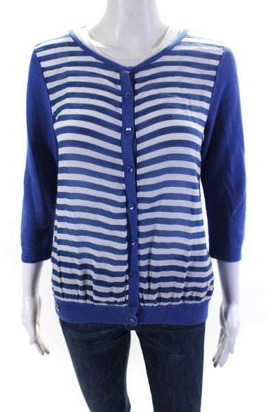 Escales Womens Button Front Striped Cardigan Sweater Blue White Cotton Large