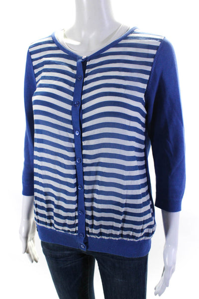 Escales Womens Button Front Striped Cardigan Sweater Blue White Cotton Large