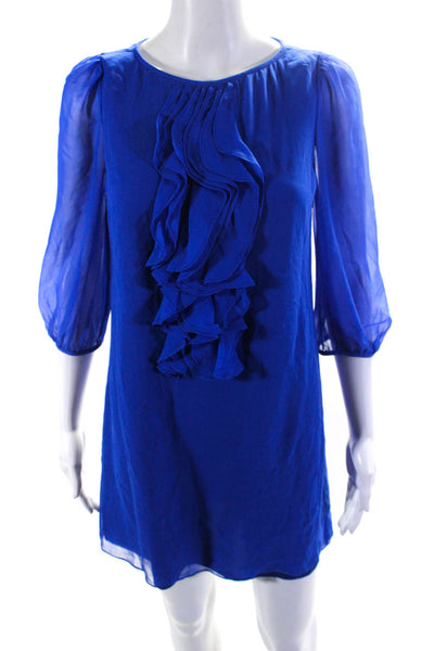 Tibi Womens Half Sleeve Crew Neck Ruffled Silk Chiffon Mini Dress Blue Size 2