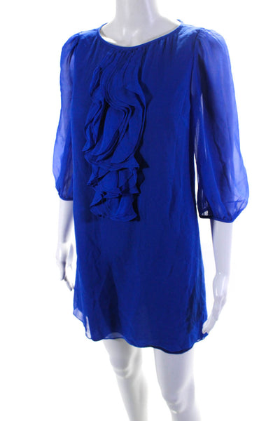 Tibi Womens Half Sleeve Crew Neck Ruffled Silk Chiffon Mini Dress Blue Size 2