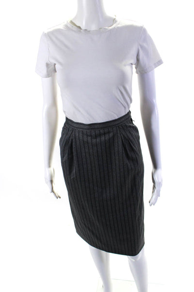 Saint Laurent Womens Side Zip Vertical Striped Pencil Skirt Gray Wool Size FR 34