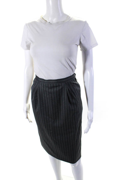 Saint Laurent Womens Side Zip Vertical Striped Pencil Skirt Gray Wool Size FR 34