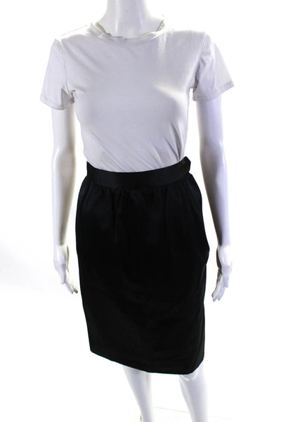 Saint Laurent Womens Side Zip Knee Length Satin Pencil Skirt Black Size FR 38