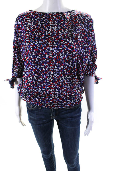 Derek Lam Womens 3/4 Sleeve Oversized Floral Silk Top Navy Blue White Red Size 0