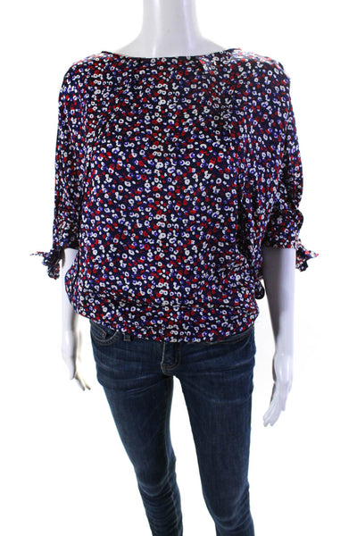 Derek Lam Womens 3/4 Sleeve Oversized Floral Silk Top Navy Blue White Red Size 0