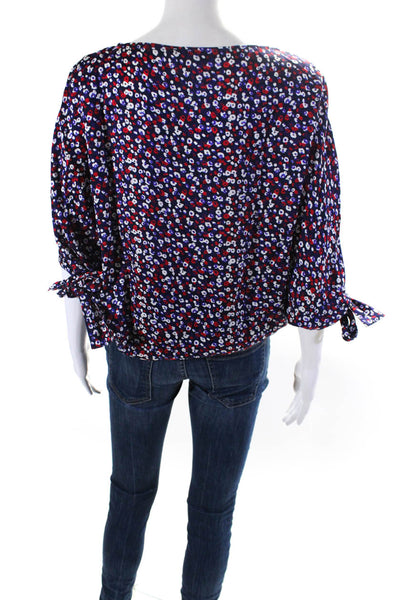 Derek Lam Womens 3/4 Sleeve Oversized Floral Silk Top Navy Blue White Red Size 0